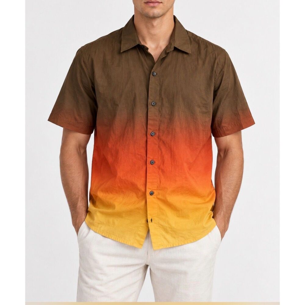 Joseph Men’s Ombre Button-Up Shirt Brown Orange Yellow Fall Halloween FLAW